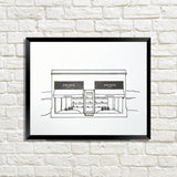 Letterpress art print  Marfa building, black ink on white crane lettra paper, designed and letterpress printed by inviting in austin texas.