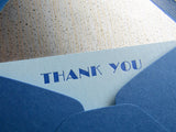 Letterpress blue thank you stationery, blue envelopes, broadway font, by inviting letterpress boutique in austin texas.