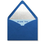 Letterpress blue thank you stationery, blue envelopes, broadway font, by inviting letterpress boutique in austin texas.