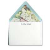 Letterpress thank you stationery, blue envelopes, greeting monotone font in black ink on pearl cotton cards with lined envelopes; made by inviting letterpress in austin, texas.