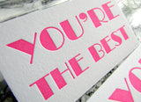 Letterpress gift tag enclosure cards in neon pink, You're the Best, assorted packs, by inviting in Austin, Texas.