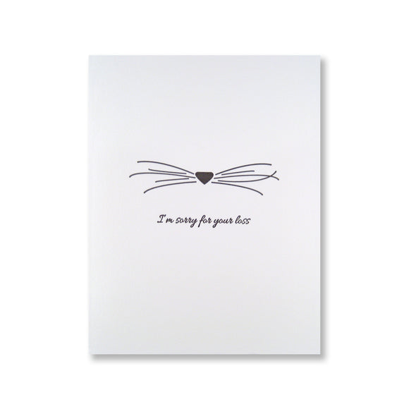 Letterpress pet sympathy card of a cat nose & whiskers and reads 