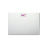 THX letterpress thank you stationery by inviting in purple ink with green, lined envelopes. Made in and ships from Austin Texas.