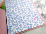 Letterpress floral notecards, geometric pattern in blue and pink with lined pink envelopes, by inviting letterpress in austin texas.