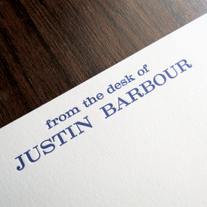 Professional letterpressed personal stationery, "from the desk of" shown in blue ink on white cotton cards, by inviting letterpress in austin texas.