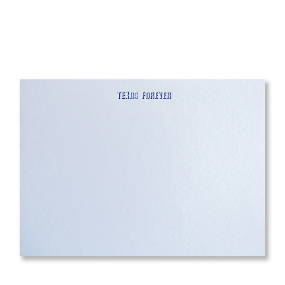 Texas Forever letterpress stationery, shown in blue ink with handset type, made by inviting in austin, texas.