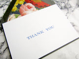 Letterpress folded thank you cards, blue ink, craw modern font, with hand-lined envelopes, by inviting letterpress in austin texas.