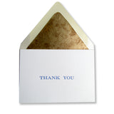Letterpress folded thank you cards, blue ink, craw modern font, with hand-lined envelopes, by inviting letterpress in austin texas.