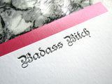 Letterpress badass bitch stationery in black ink on flat cards by inviting letterpress in austin texas