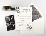 Letterpress reply card shown with lined envelopes. Sophia damask design, made in Austin Texas.