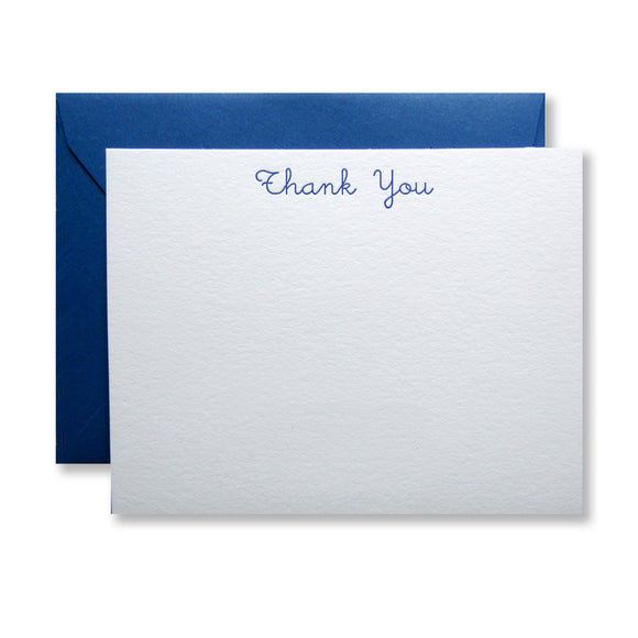 Letterpress thank you card, in cursive type and blue ink, by inviting in Austin, TX.