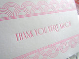 Letterpress art deco thank you cards in hot pink ink with lined light green envelopes, by inviting in Austin, Texas.