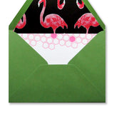 Letterpress honeycomb hexagon flat stationery in neon pink with flamingo lined green envelopes, by inviing in Austin, Texas.
