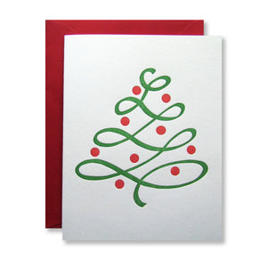 Red and green letterpress holiday tree card by inviting in austin texas.