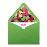 THX letterpress thank you stationery by inviting in purple ink with green, lined envelopes. Made in and ships from Austin Texas.